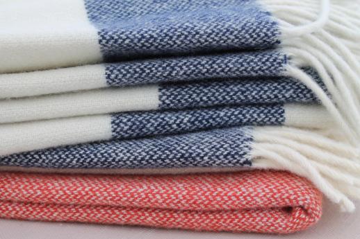 Faribault wool camp blanket throws, fringed wool blankets in cream white, red & blue 