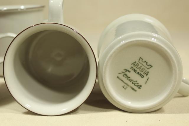 Fennica Arabia Finland vintage stoneware pottery mugs, tan brown band coffee cups