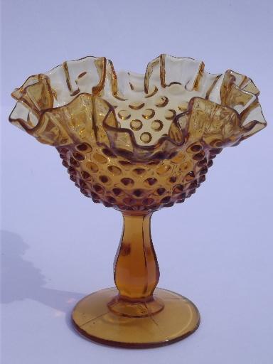 Fenton amber hobnail glass candy dish, crimped ruffled compote bowl