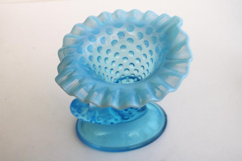 Fenton blue opalescent hobnail glass horn of plenty vase or candle holder