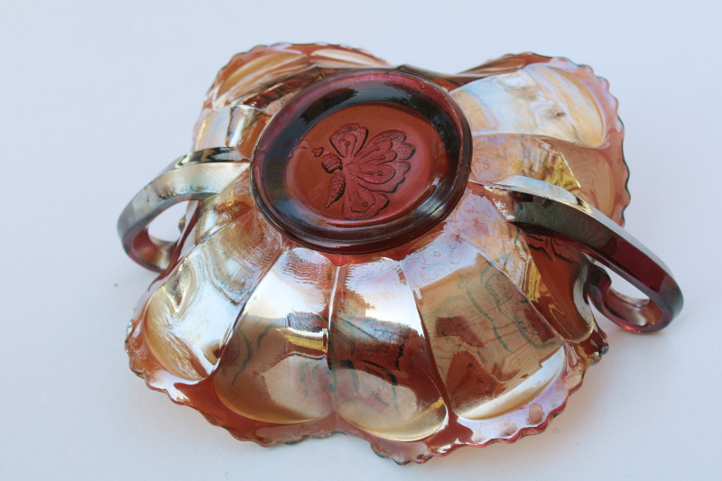 Fenton butterflies bonbon dish, vintage amethyst carnival glass double handled bowl