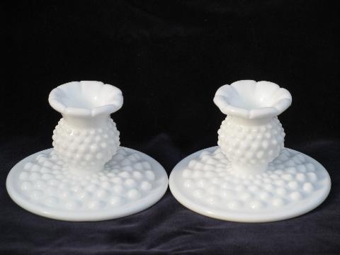 Fenton convertible candle holders set, hobnail milk glass candle sticks, bobeches