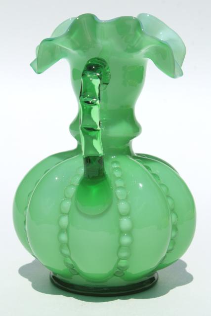 Fenton glass pitcher, vintage green & white cased glass jug, beaded melon shape