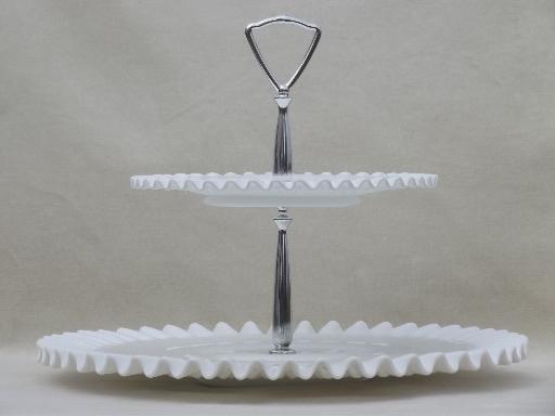 Fenton hobnail milk glass cake stand, tiered sandwich plate w/ handle