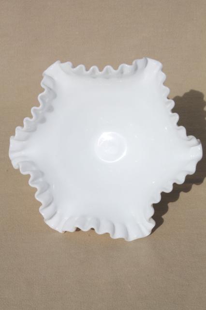 Fenton hobnail milk glass footed bowl w/ ruffled edge, candy dish / centerpiece for flowers
