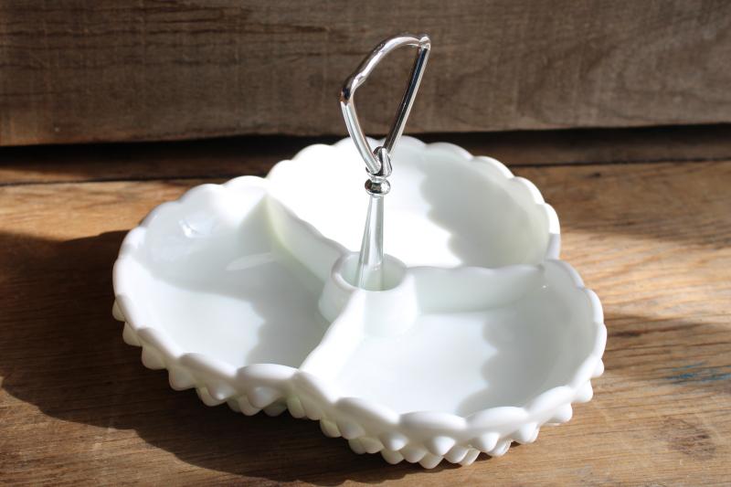 Fenton hobnail milk glass, three part dish, relish tray w/ metal handle