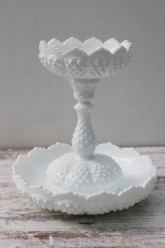 Fenton hobnail milk glass three piece petite epergne flower bowl candle stick peg holder