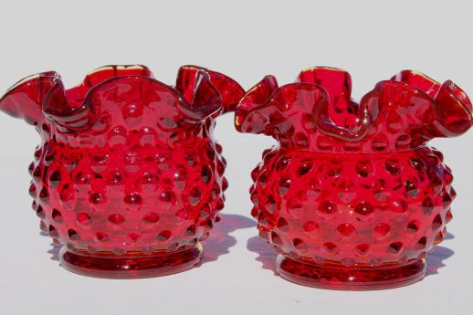 Fenton ruby red hobnail glass mini vase set, pair of round crimped vases