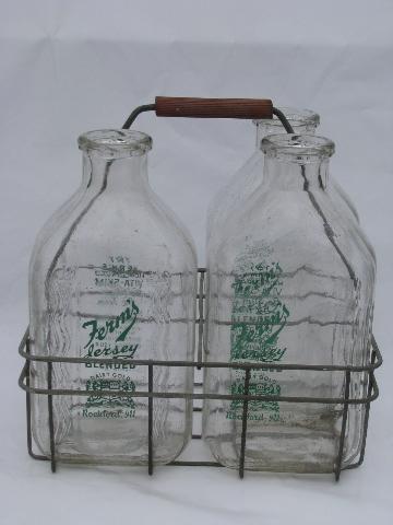 Fern's Rockford Jersey dairy advertising vintage glass milk bottles, old wire bottle carrier