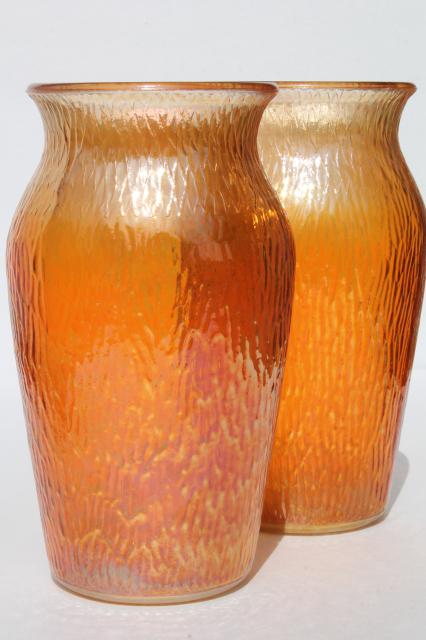 Finlindia tree bark pattern carnival glass vases pair, vintage Jeannette glass marigold luster