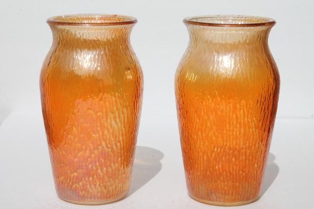 Finlindia tree bark pattern carnival glass vases pair, vintage Jeannette glass marigold luster
