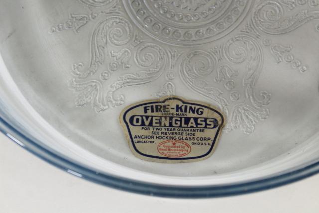 Fire-King sapphire blue glass casserole dishes, large round pans w/ vintage Oven Glass label