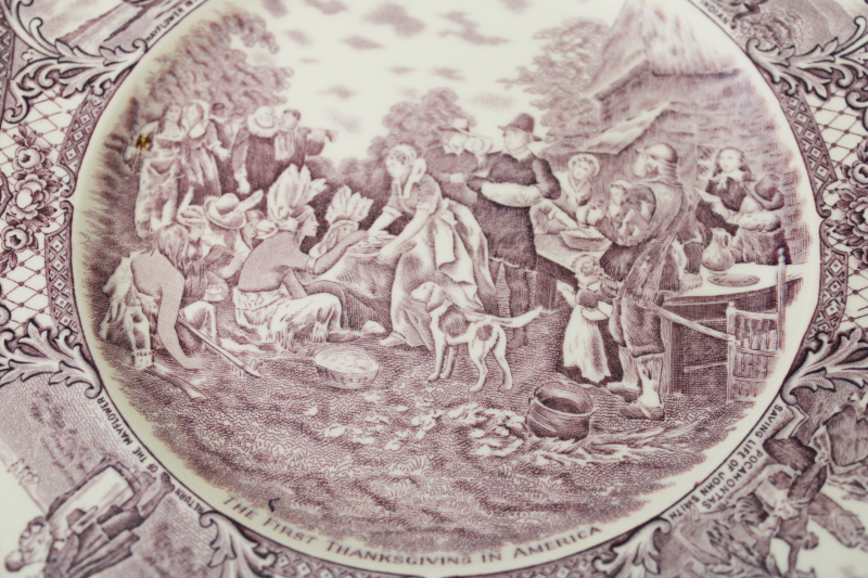 First Thanksgiving plate vintage Crown Ducal china mulberry purple transferware Colonial Times