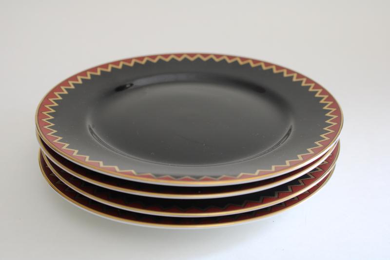 Fitz and Floyd Pueblo plates, black red gold zigzag pattern, vintage southwest style 