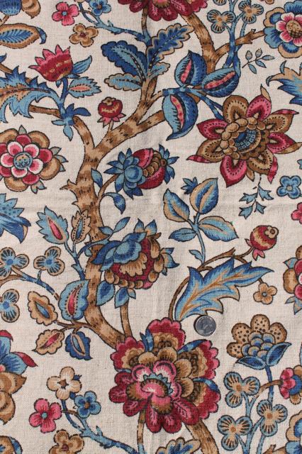 Flanders vintage Waverly fabric, Jacobean tapestry floral print on flax color linen weave