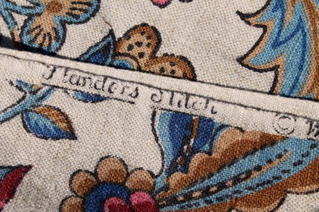 Flanders vintage Waverly fabric, Jacobean tapestry floral print on flax color linen weave