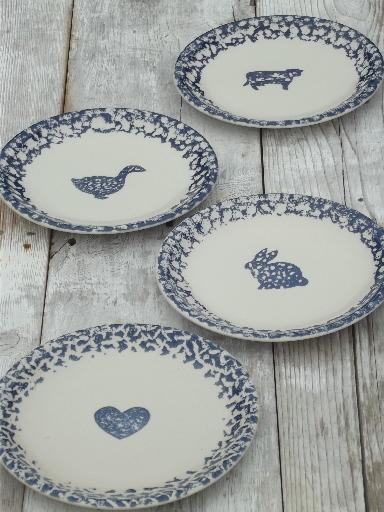 Folk Craft spongeware pottery, blue sponge hearts & animals dinner plates