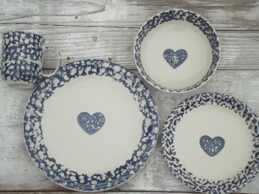 Folkcraft hearts spongeware pottery, Tienshan china dishes set for 4