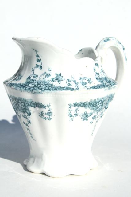 Forget-Me-Not blue green transferware china pitcher, W Dean English semi porcelain ironstone