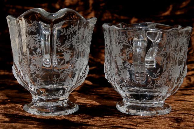 Fostoria Baroque Chintz etch vintage elegant glass crystal clear cream & sugar set