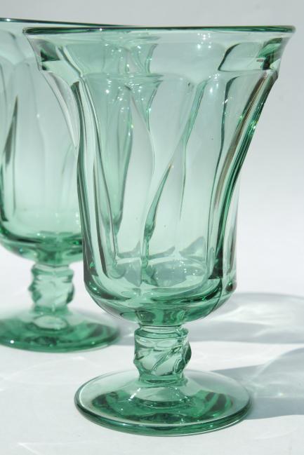 Fostoria Jamestown, green glass iced tea glasses, large wine or water goblets