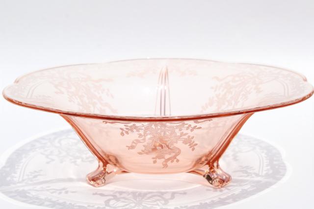 Fostoria Romance etched glass three toed bowl, vintage pink depression glass centerpiece