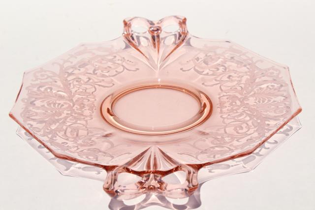 Fostoria Versailles etch vintage pink glass cake plate w/ tray handles
