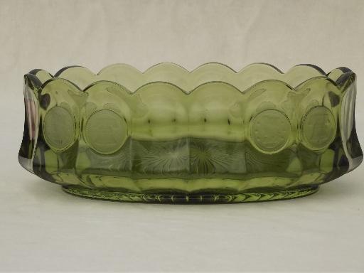 Fostoria coin glass oval bowl, vintage avocado green or olive green glass