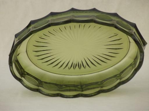 Fostoria coin glass oval bowl, vintage avocado green or olive green glass