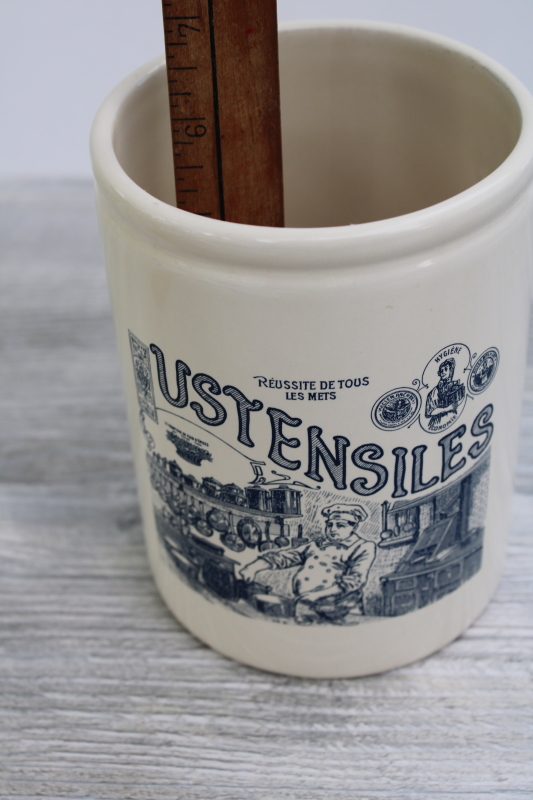 French country kitchen ceramic spoon jar crock, vintage artwork USTENSILES, made in France