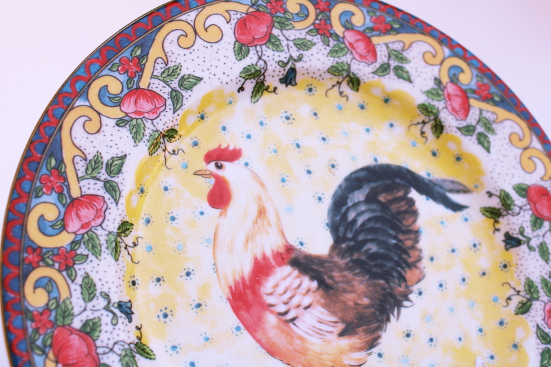 French country style folk art plates w/ roosters, Petite Provence colorful chickens china