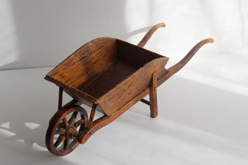 French country vintage rustic wood look plastic wheelbarrow for planter or flowers