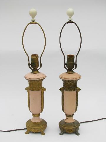 French rose pink and gold garlands, pair antique vintage ornate cast metal table lamps