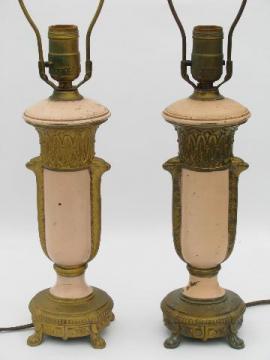 French rose pink and gold garlands, pair antique vintage ornate cast metal table lamps