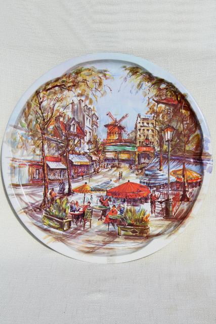 French street scene vintage round tin table top serving tray, Daher Decorated Ware