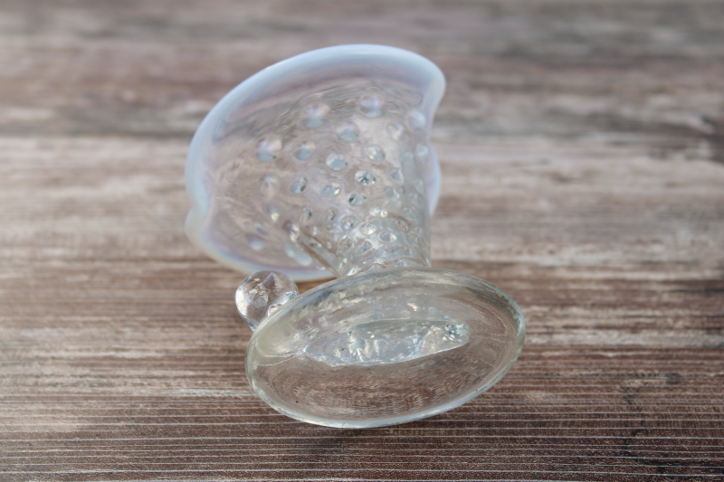 French white opalescent hobnail glass, vintage Fenton horn shape mini vase or toothpick holder