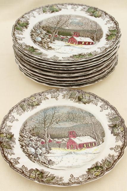 Friendly Village Johnson Bros vintage china, set of 12 dinner plates schoolhouse scene