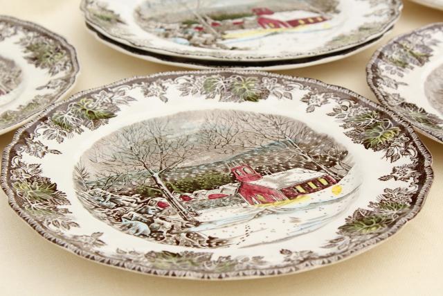 Friendly Village Johnson Bros vintage china, set of 8 dinner plates schoolhouse scene