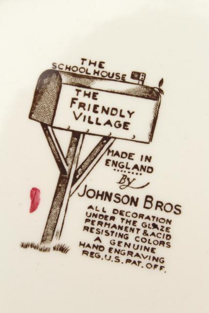 Friendly Village Johnson Bros vintage china, set of 8 dinner plates schoolhouse scene