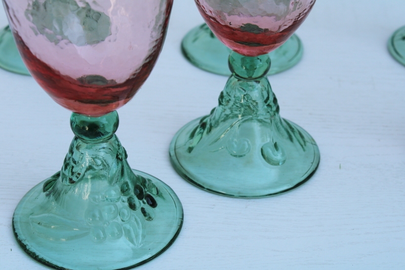 Garden Party Pfaltzgraff pink and green glass water goblets or wine glasses, big chunky stemware Mexican glass