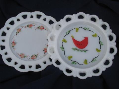 Gay Fad hand-painted milk glass plates, red bird distlefink, roses