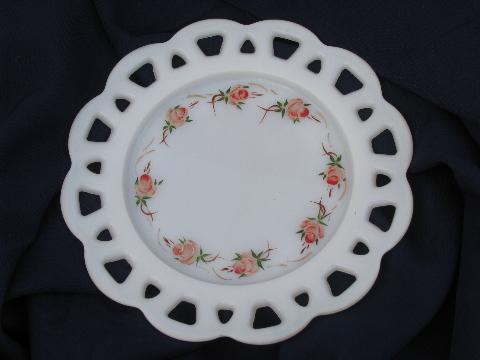 Gay Fad hand-painted milk glass plates, red bird distlefink, roses