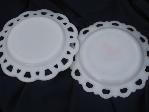 Gay Fad hand-painted milk glass plates, red bird distlefink, roses