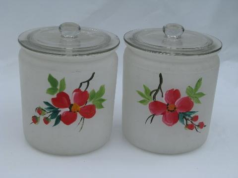Gay Fad hand-painted vintage glass kitchen canister jars, red flowers