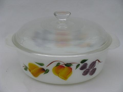 Gay Fad vintage fruit pattern Fire-King kitchen glass loaf pan, casserole w/ lid