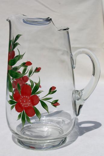 Gay Fad vintage hand-painted glass lemonade pitcher, clear glass pitcher w/ red flowers