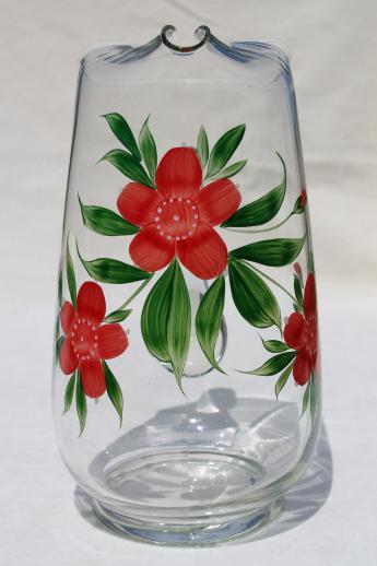 Gay Fad vintage hand-painted glass lemonade pitcher, clear glass pitcher w/ red flowers