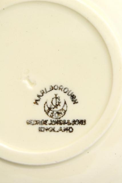 George Jones England china demitasse coffee cups & saucers, Genoa green embossed creamware