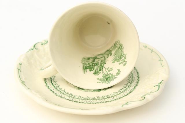 George Jones England china demitasse coffee cups & saucers, Genoa green embossed creamware
