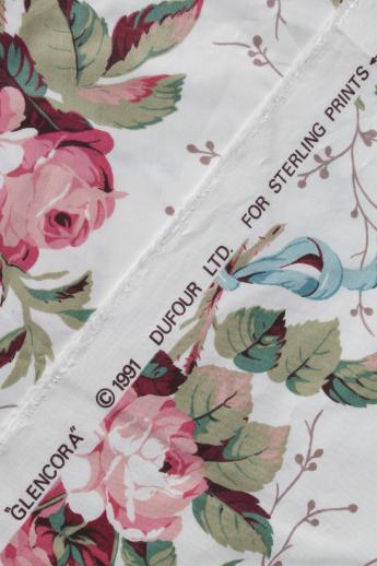 Glencora rose floral chintz fabric, 90s vintage polished cotton 5 yds